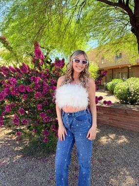 12th Tribe White Feathered Crop Top